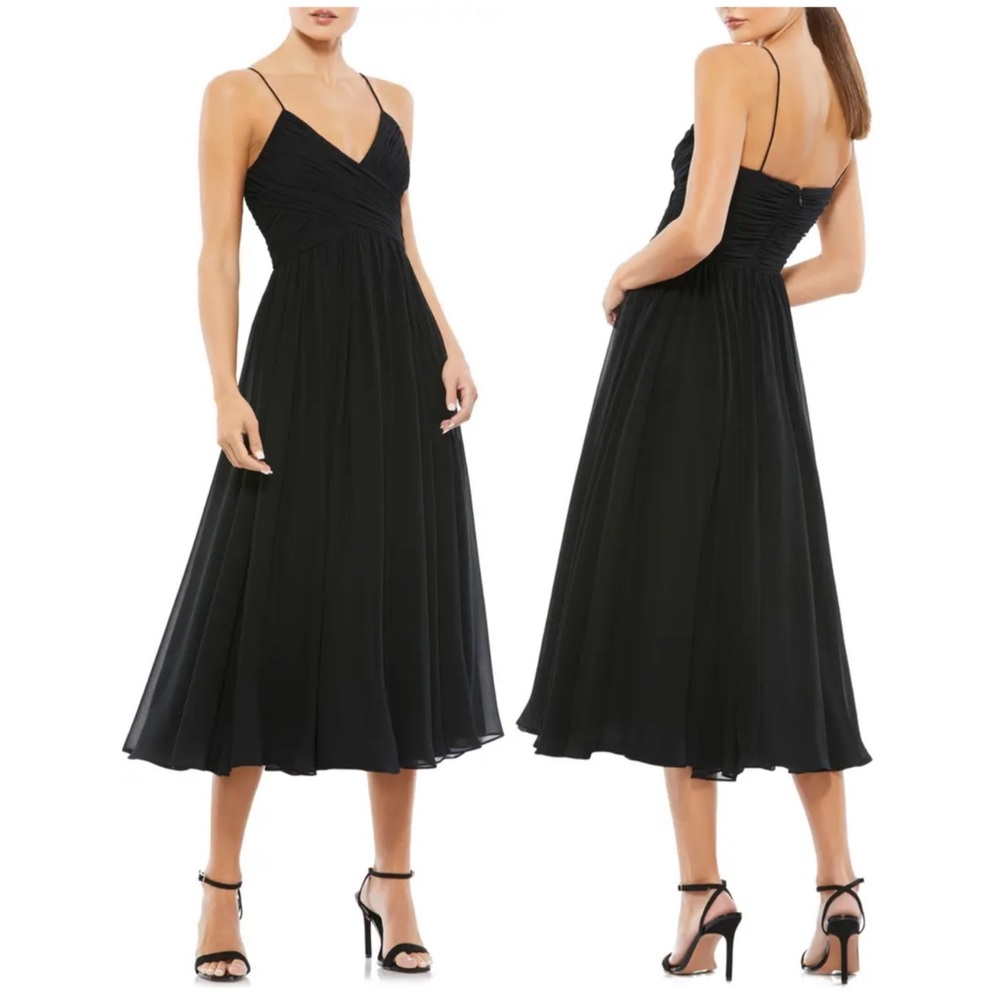 Mac Duggal Black Spaghetti Strap Midi Dress